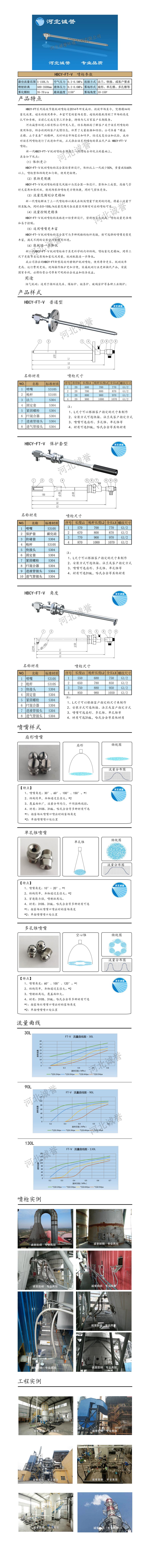 FT-V脫硝噴槍、保護(hù)套、噴槍參數(shù)、材質(zhì)尺寸、流量分布圖、扇形空心錐俯視圖介紹，以及噴槍霧化視頻展示和工程案例介紹