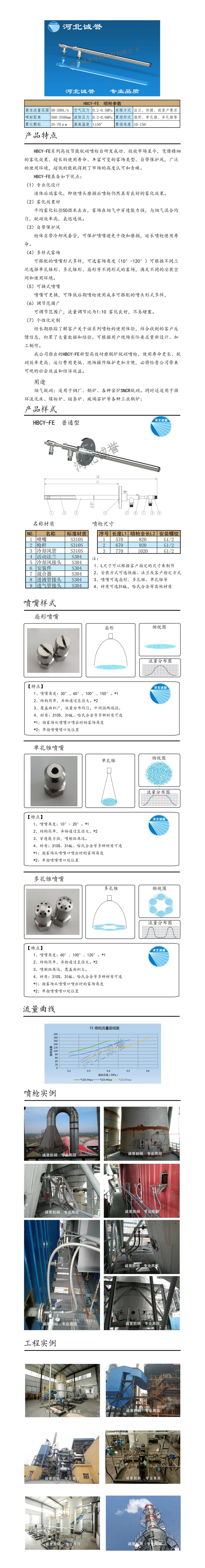 氨水噴槍、保護(hù)套、噴槍參數(shù)、材質(zhì)尺寸、流量分布圖、扇形空心錐俯視圖介紹，以及噴槍霧化視頻展示和工程案例介紹